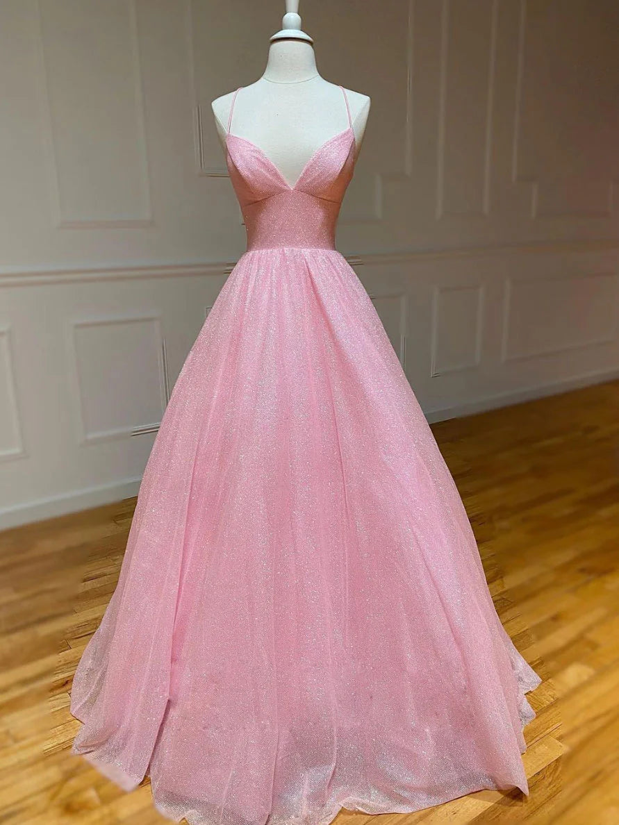 Pink A-line v neck tulle long prom dress pink prom dress