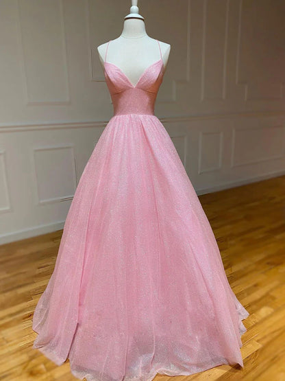 Pink A-line v neck tulle long prom dress pink prom dress