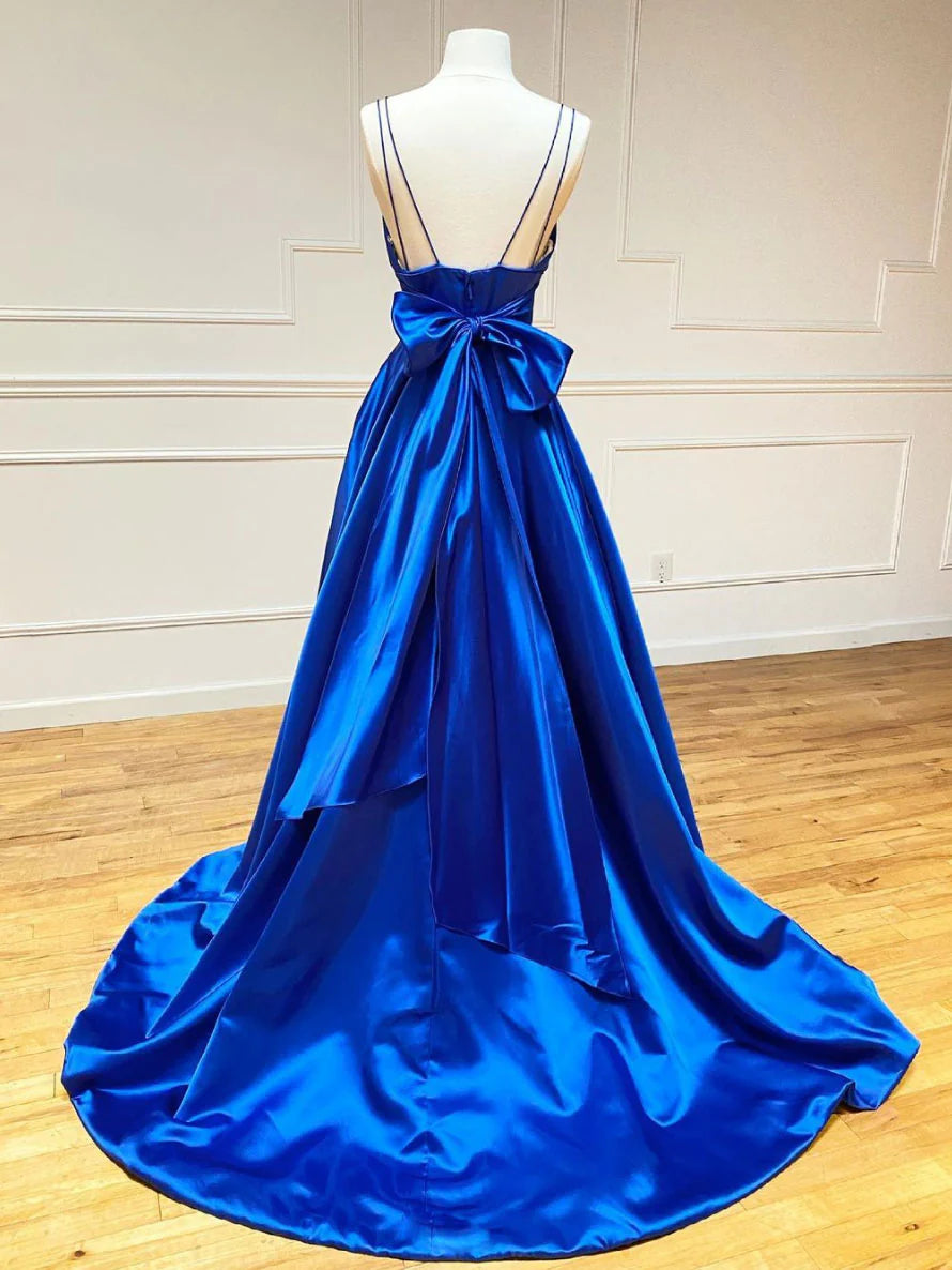Blue v neck satin long prom dress blue prom dress