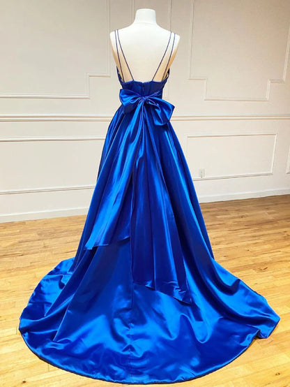 Blue v neck satin long prom dress blue prom dress