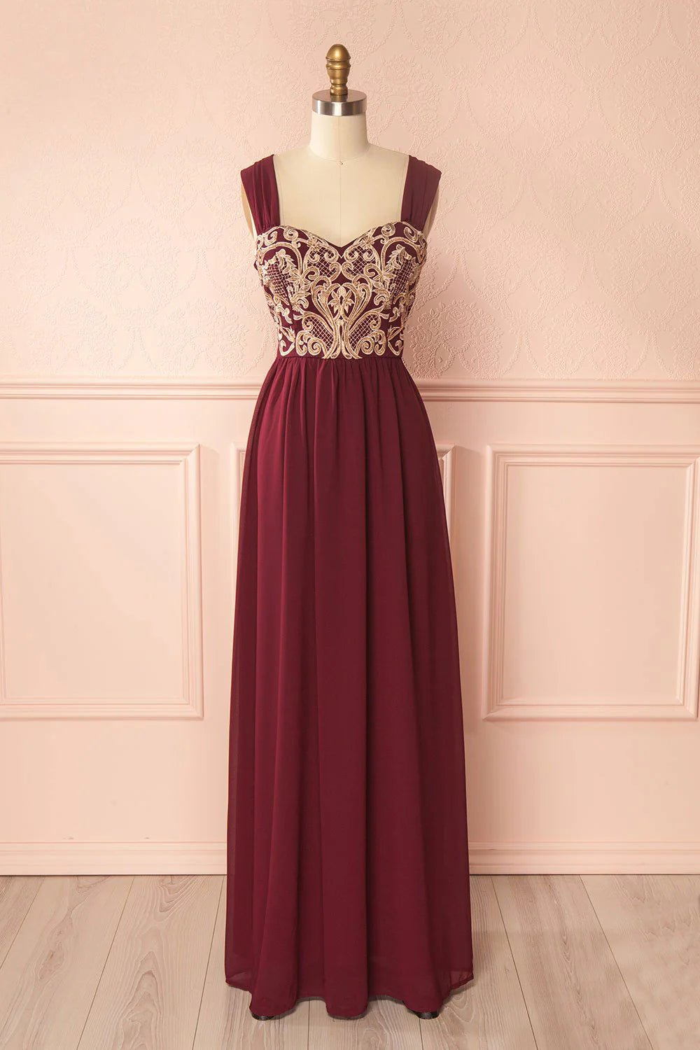 Burgundy chiffon lace applique long prom dress burgundy prom dress