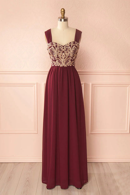 Burgundy chiffon lace applique long prom dress burgundy prom dress