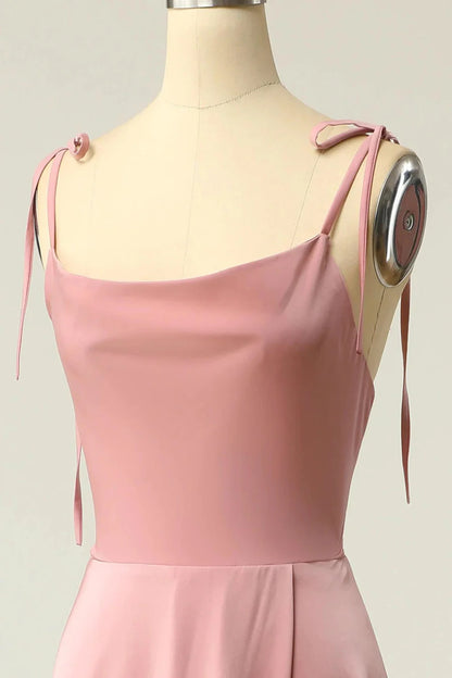 Satin Square Neck Tying Straps Long Bridesmaid Dress