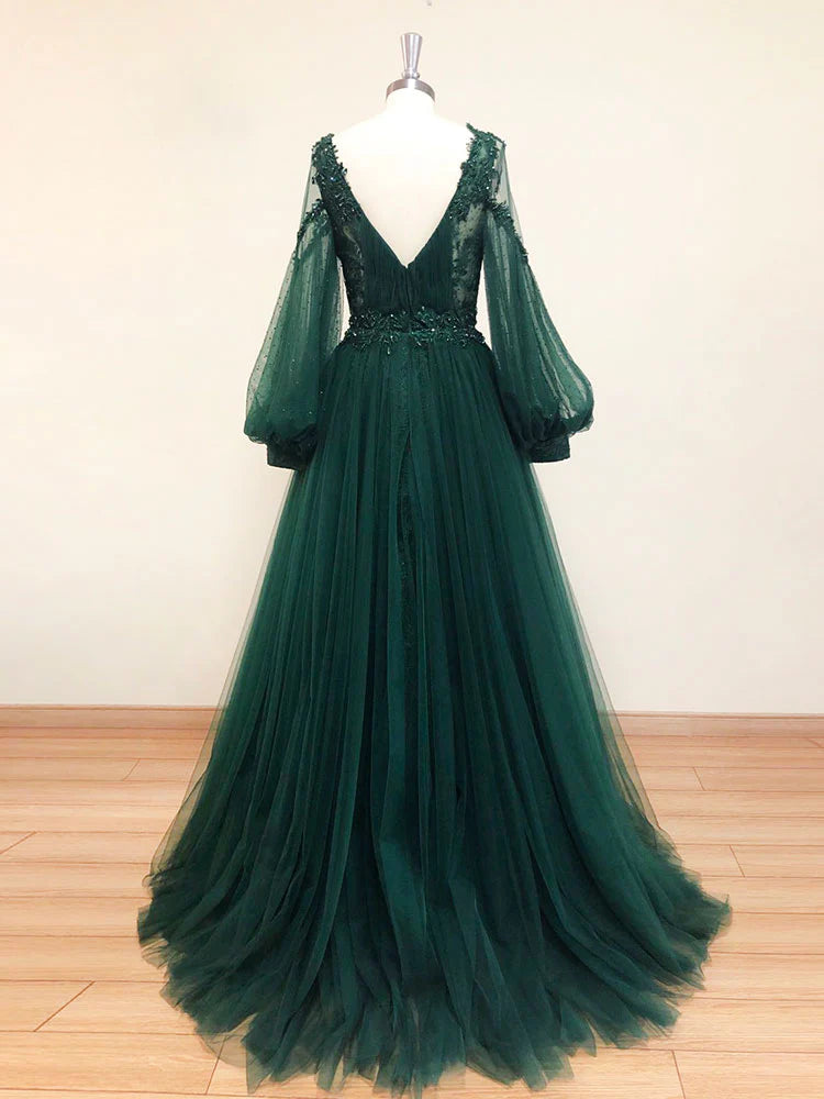 Green v neck lace A line long prom dress green tulle prom dress