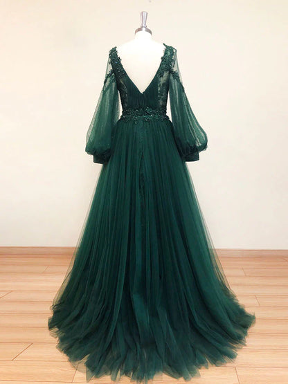 Green v neck lace A line long prom dress green tulle prom dress