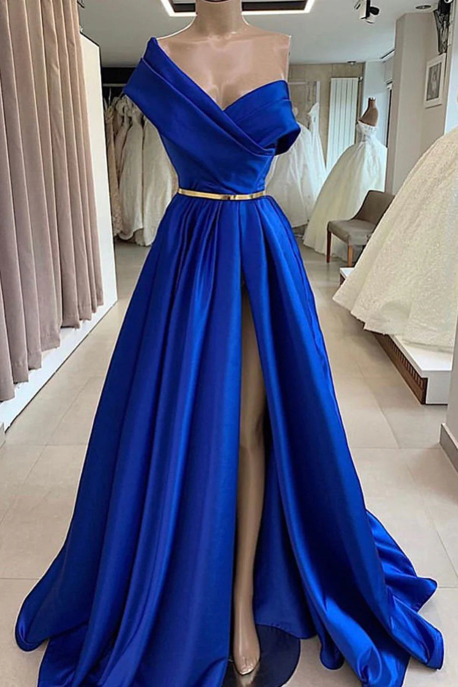 Blue satin long prom dress blue long prom dress