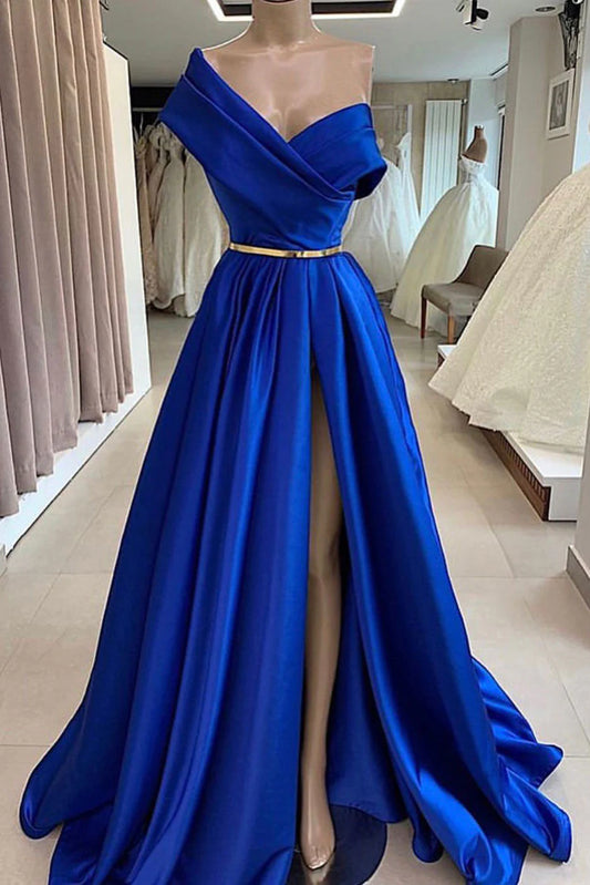 Blue satin long prom dress blue long prom dress