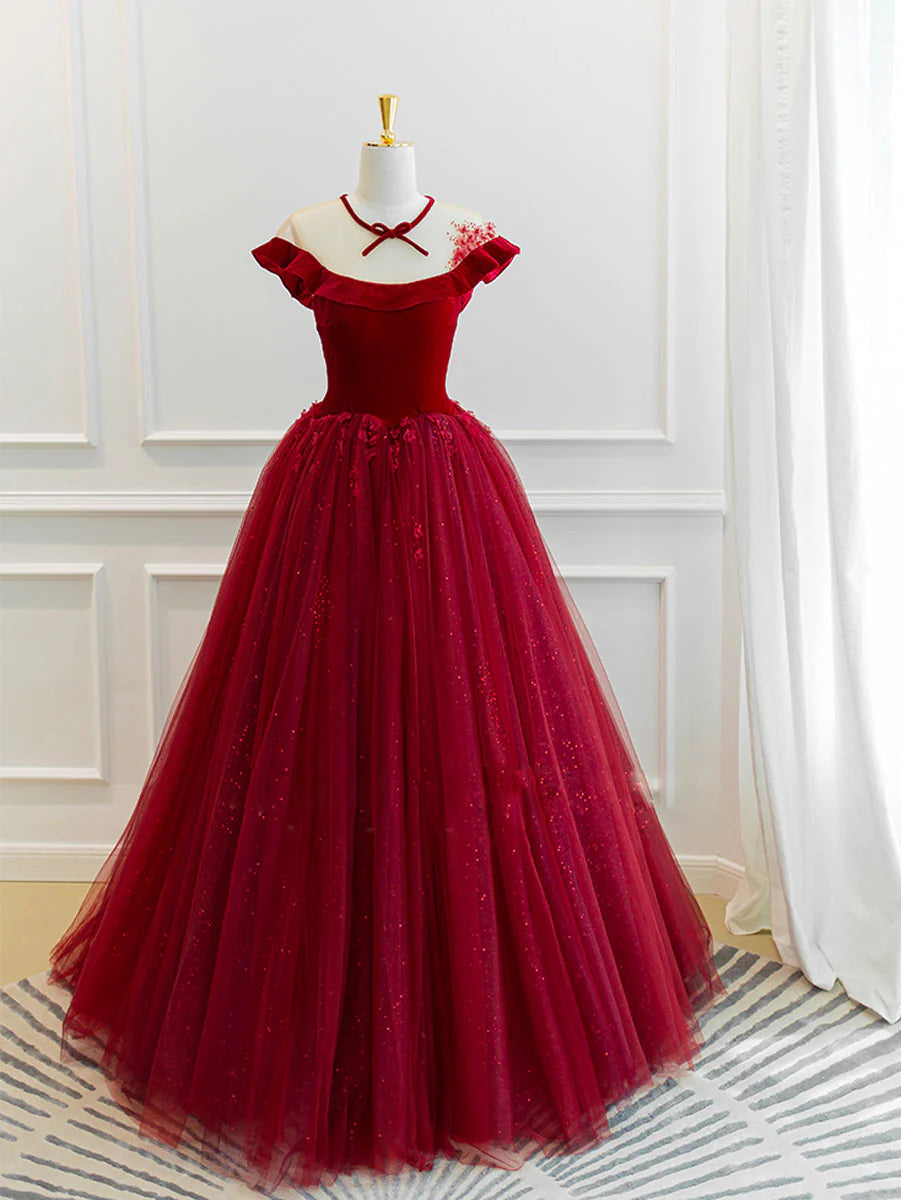 Burgundy tulle lace long prom dress burgundy tulle prom dress