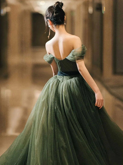 Simple green A line tulle off shoulder long evening dress green evening dress