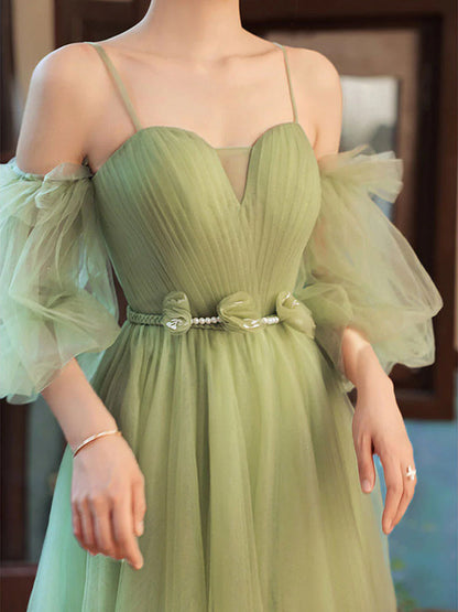 Simple green tulle A line long prom dress  green prom dress