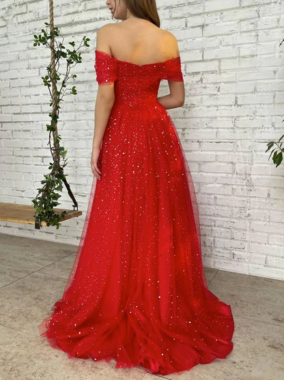 Simple red tulle off shoulder long prom dress red tulle prom dress