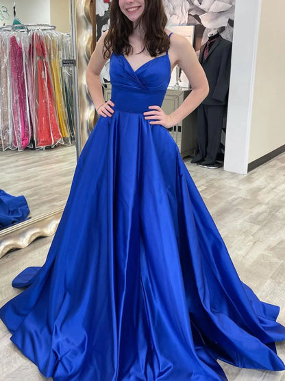 Simple blue v neck satin long prom dress blue formal prom dress