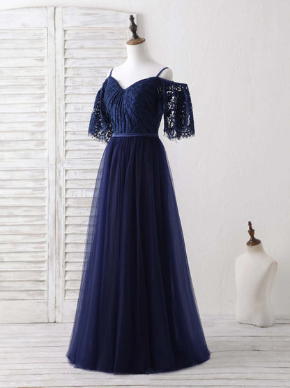 Dark Blue A-Line Lace Tulle Long Bridesmaid Dresses