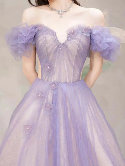 A-Line Off Shoulder Purple Tulle Long Evening Dress Purple Formal Dress