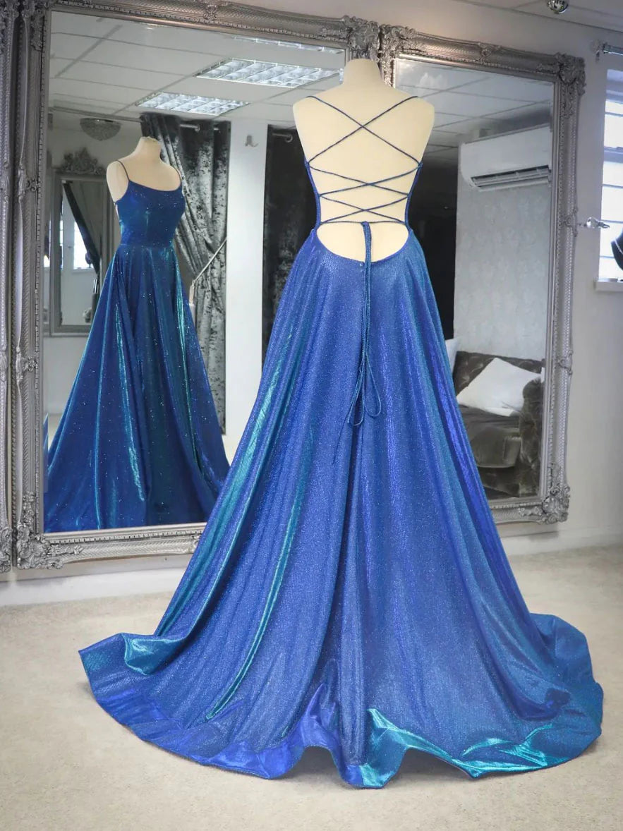 Simple blue satin long prom dress blue backless long prom dress