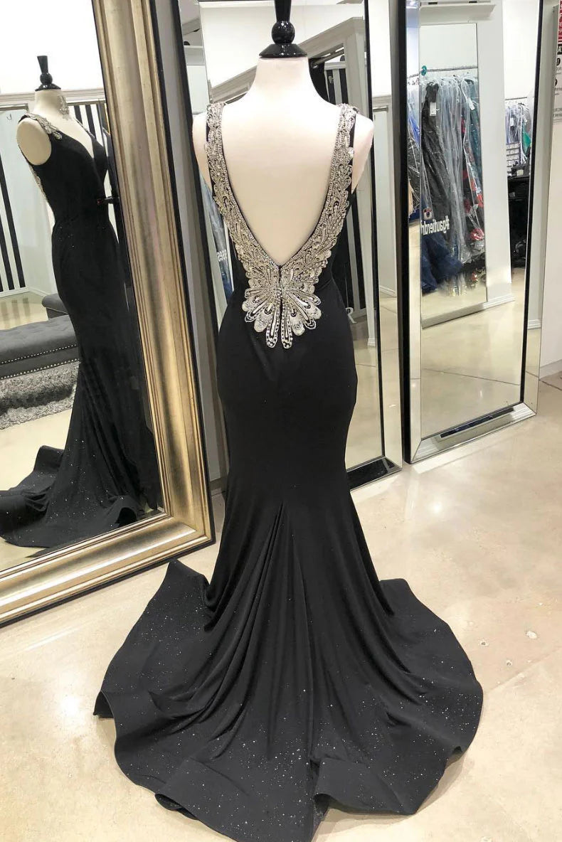 Black v neck mermaid long prom dress black prom dress