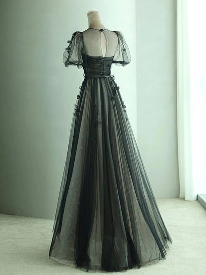 Black A-Line Tulle Butterfly Long Evening Dress Black Long Evening Dress