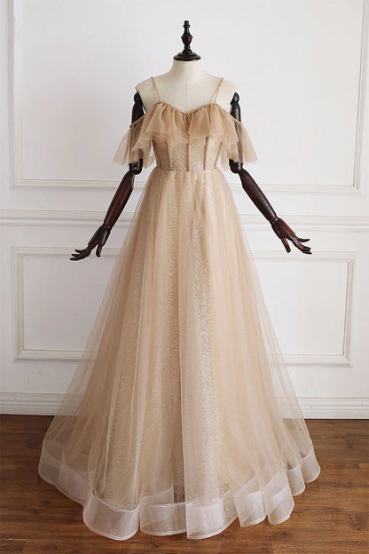 Champagne tulle off shoulder long prom dress champagne prom dress