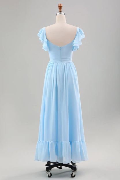 A Line Chiffon Pleated Tea-Length Dress with Ruffle Sleeves