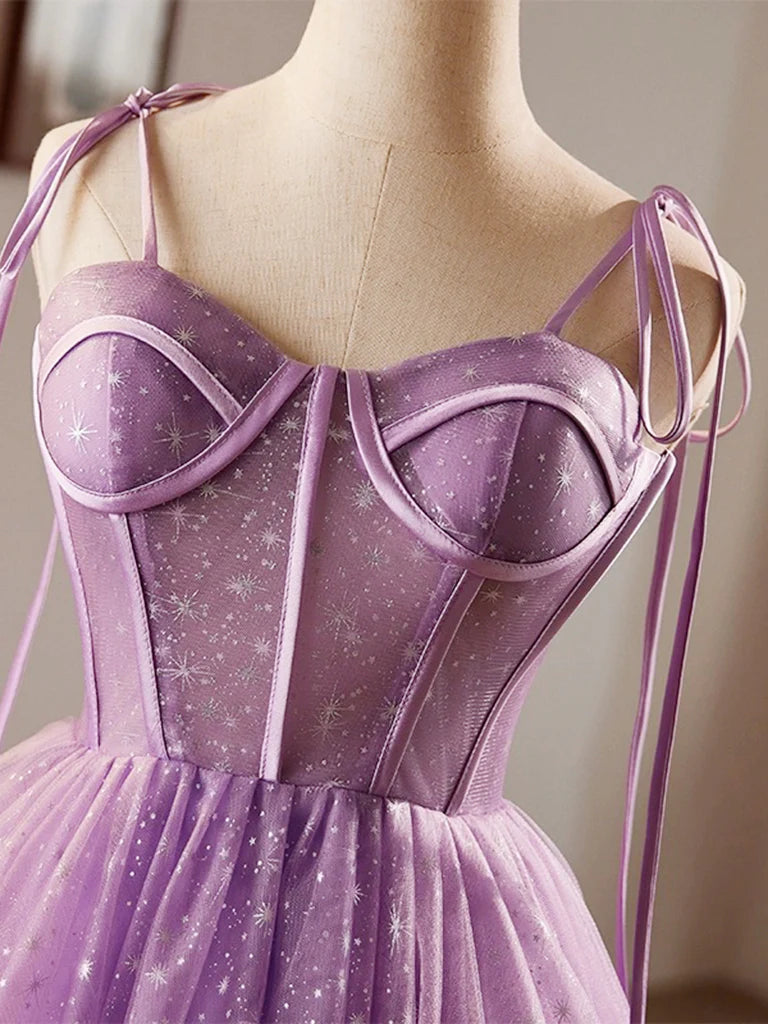 A-Line Sweetheart Neck Tulle Lace Short Purple Homecoming Dress