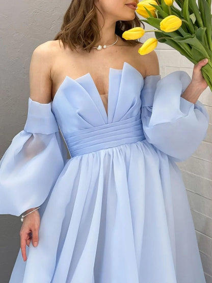 Aline Organza blue long prom dress puff sleeves blue long formal prom dress