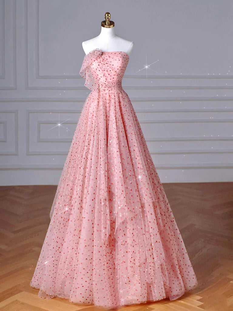 A-Line Pink Tulle Long Prom Dress Pink Tulle Long Formal Dress