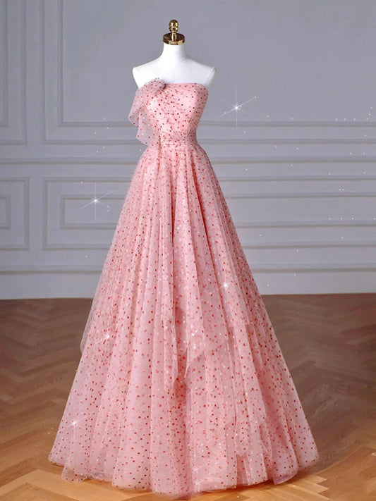 A-Line Pink Tulle Long Prom Dress Pink Tulle Long Formal Dress