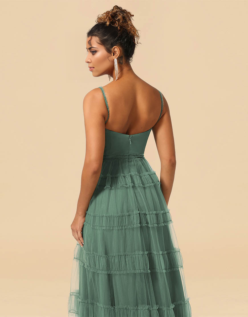 A-Line Spaghetti Straps Floor Length Chiffon And Tulle Bridesmaid Dress