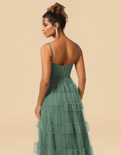 A-Line Spaghetti Straps Floor Length Chiffon And Tulle Bridesmaid Dress