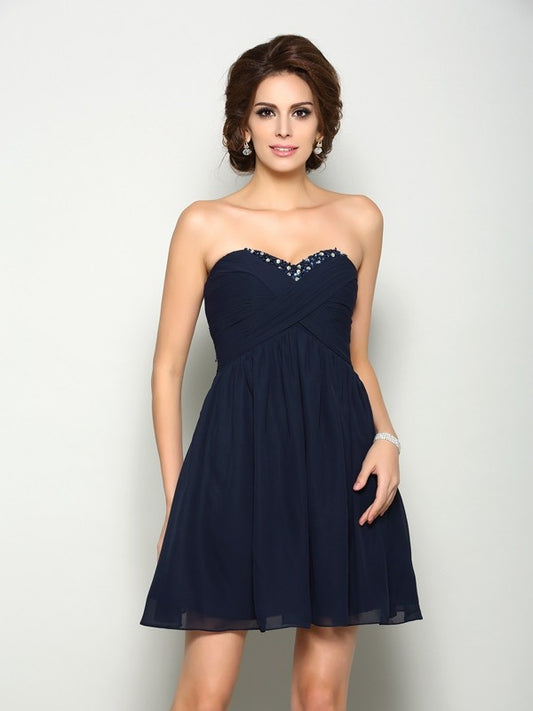 A-line Sweet Princess Sweetheart Beaded Sleeveless Chiffon Short Homecoming Dress