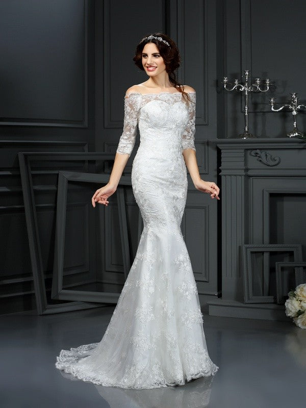 Elegant Pillar Off Shoulder Lace Long Lace Wedding Dress