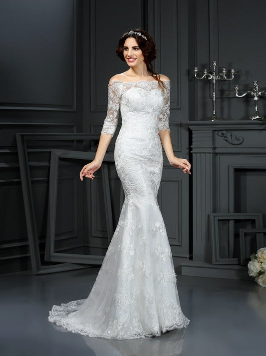 Elegant Pillar Off Shoulder Lace Long Lace Wedding Dress