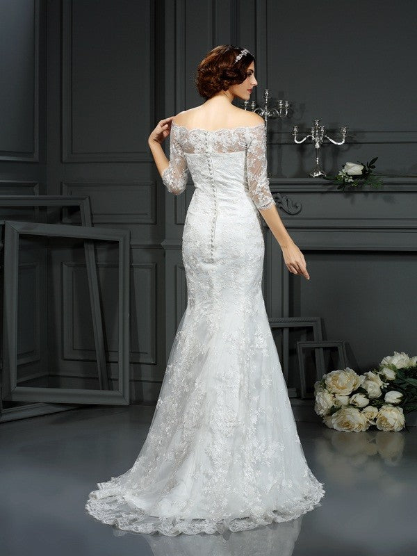 Elegant Pillar Off Shoulder Lace Long Lace Wedding Dress