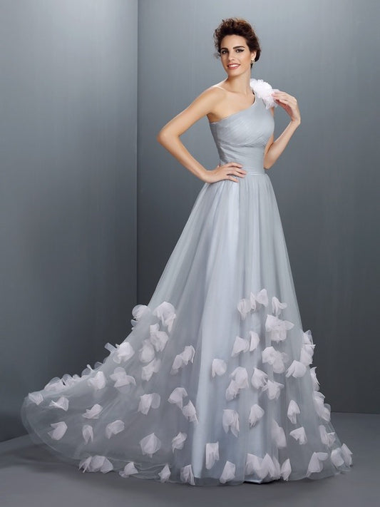 Princess Elegant One Shoulder Handmade Flower Sleeveless Long Mesh Dress