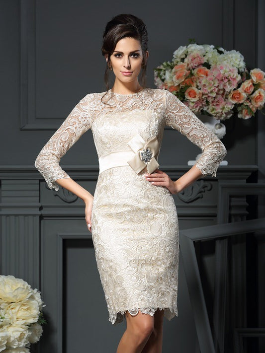 Skirt round neck bow tie 3/4 sleeves short lace bridal mother dress