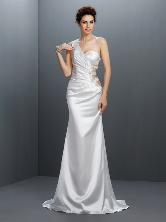 Mermaid sexy single shoulder beaded sleeveless elastic woven satin long skirt