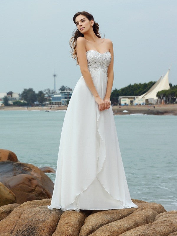A-line Princess Sweetheart Beaded Sleeveless Long Chiffon Beach Wedding Dress