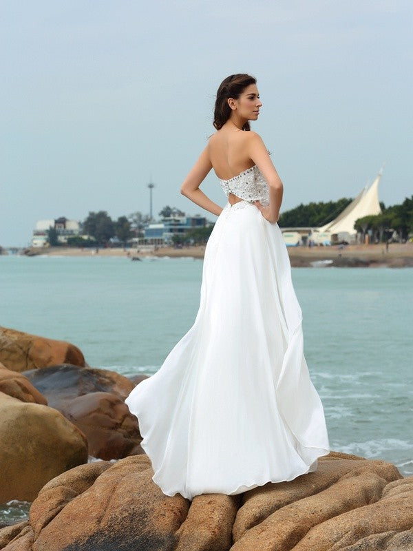 A-line Princess Sweetheart Beaded Sleeveless Long Chiffon Beach Wedding Dress