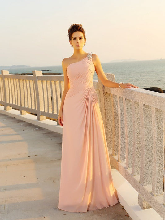 A-line Sweet Princess One Shoulder Beaded Sleeveless Long Chiffon Dress