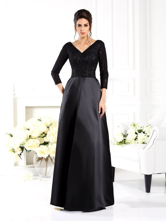A-line Princess V-neck Beaded 3/4 Sleeve Satin Long Bride Mom Dress