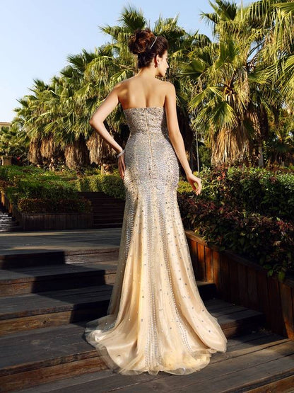 Sweet and Elegant Mermaid Sweetheart Beaded Sleeveless Long Satin Dress
