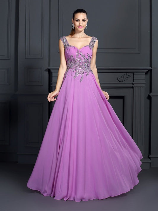 A-line Sweet Princess Sexy Strap Beaded Sleeveless Long Chiffon Dress