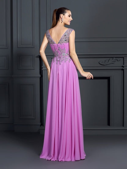A-line Sweet Princess Sexy Strap Beaded Sleeveless Long Chiffon Dress