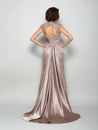 A-line Princess High Neck Sleeveless Long Elastic Woven Satin Bride Mother Dress