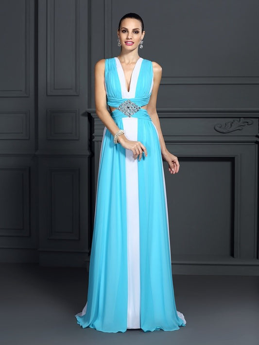 Elegant A-line Princess Dress with Ruffle Edge Sleeveless Long Chiffon Dress