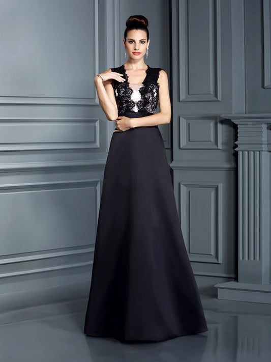 High end princess strap lace sleeveless long satin dress