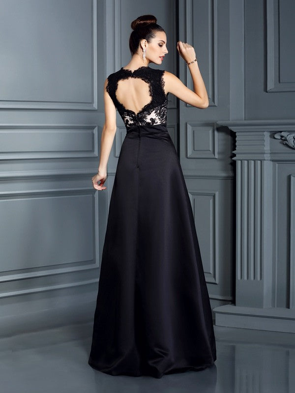 High end princess strap lace sleeveless long satin dress