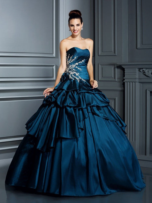 Sweet beaded sleeveless long taffeta five piece dress