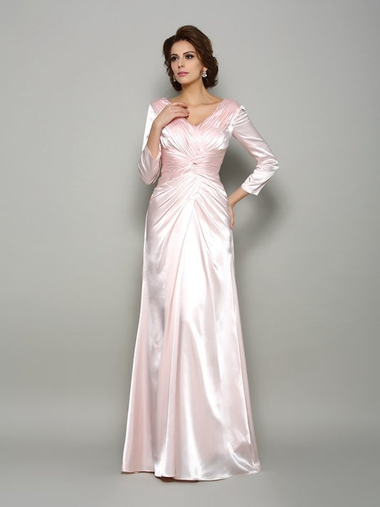 A-line princess pleated long sleeved silk satin bridal gown