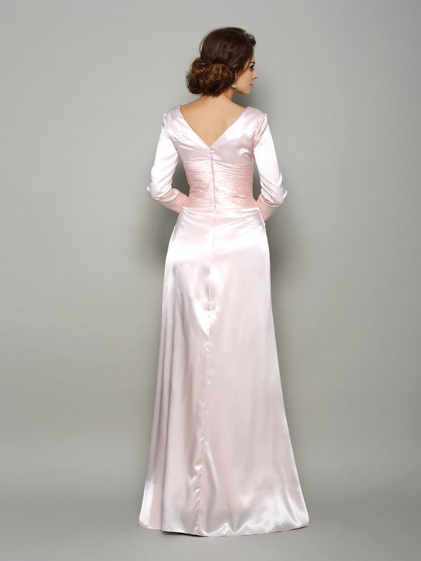A-line princess pleated long sleeved silk satin bridal gown